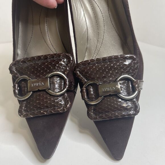 Furla Made In Italy Brown Suede Kitten Heels Size 37 - Picture 5 of 12